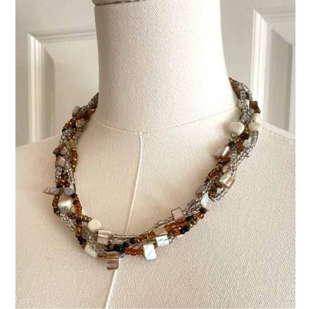 Vintage Multi-Strand Twisted Bead & Shell Necklace Boho Choker - Picture 2 of 5